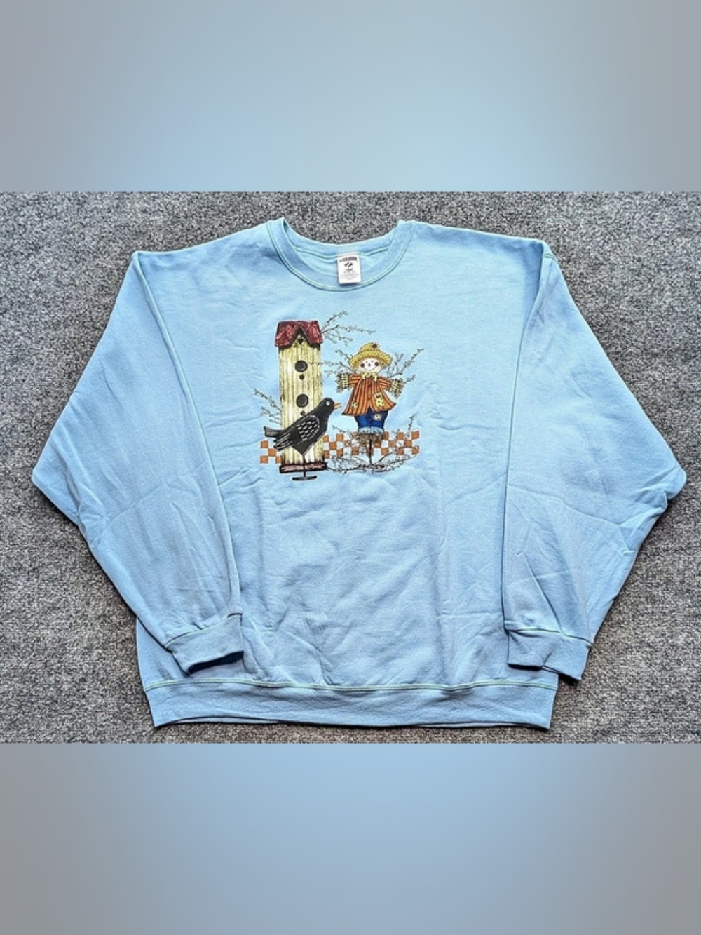 Jerzees Scarecrow Birdhouse Sweatshirt Women's 2X Blue Fall Autumn Graphic Vtg